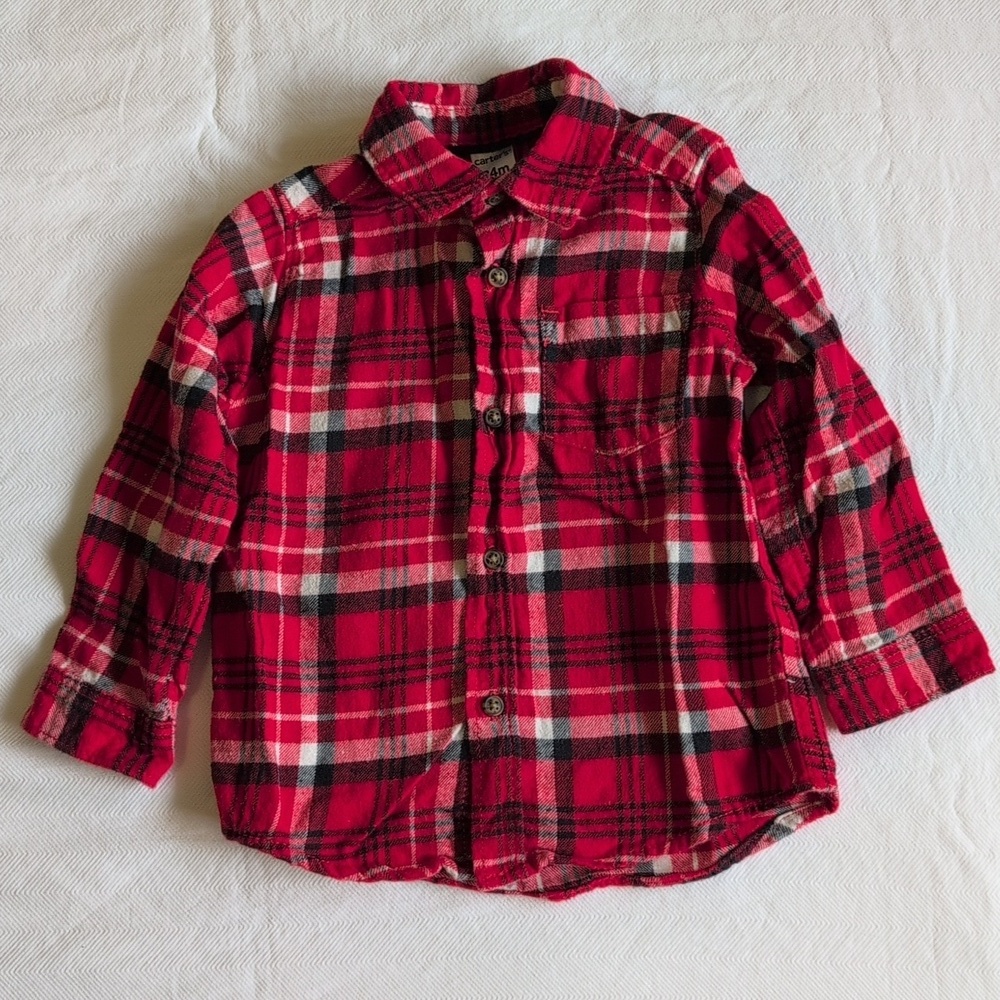 carter's red plaid cotton flannel button down shirt 24 months baby boy
